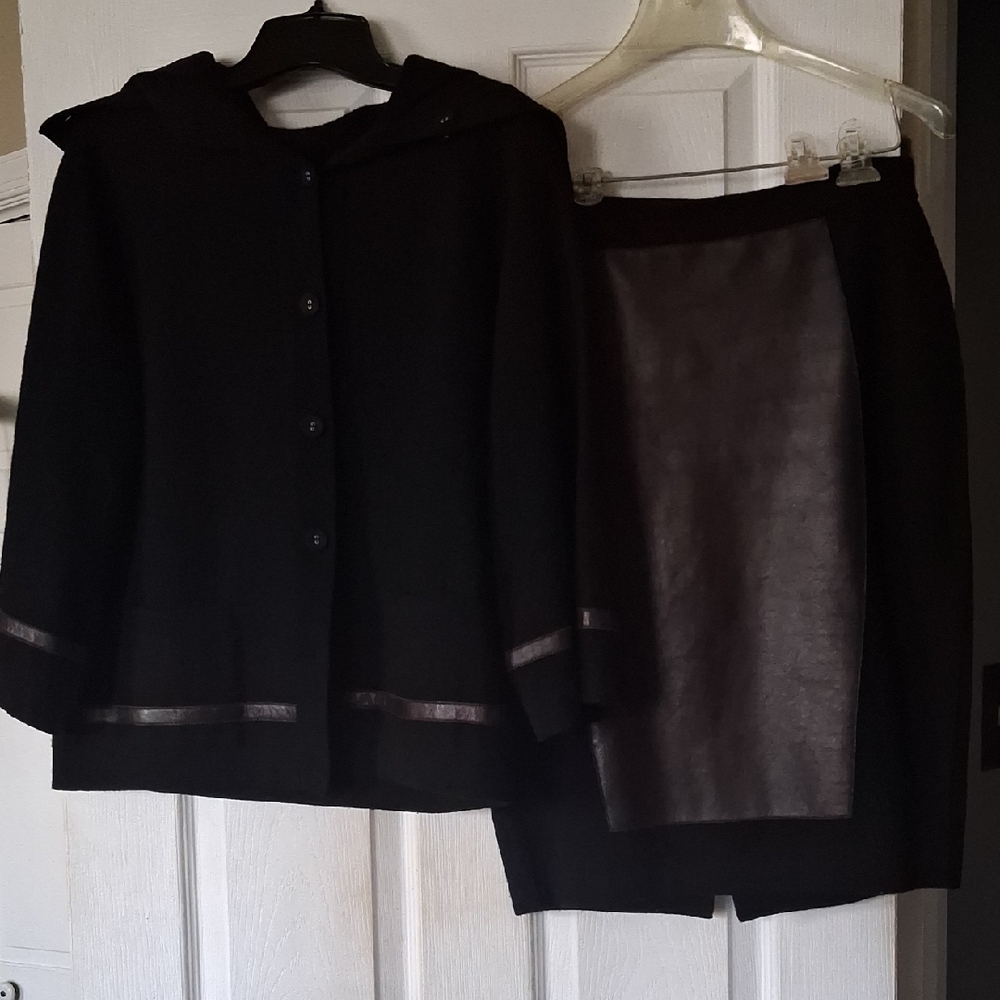 2 Piece Wool Black and Brown Pencil Skirt with Jacket